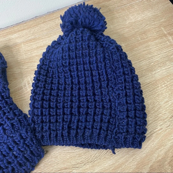 Matching Metallic Knit Infinity Scarf And Pom Pom Hat Set Blue One Size - Picture 3 of 5
